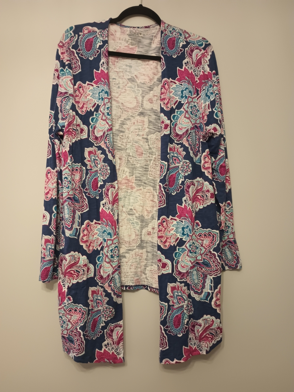 Chico's Navy Floral Paisley Open-Front Cardigan with Pink & Teal Accents 3